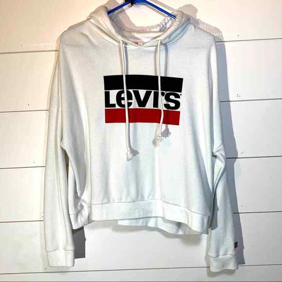 Levis Hoodie Sweatshirt Womens Large White Spell Out Flag Long Sleeve Logo - Picture 1 of 7